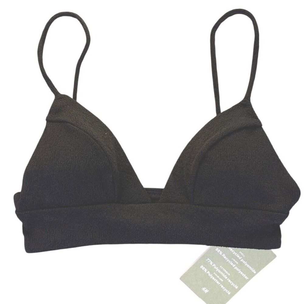 NWT H&M Womens Textured Triangle Bikini Top Black Padded Swim XS Beachwear Chic